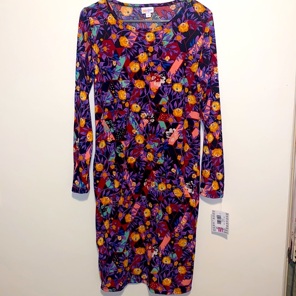 Medium LulaRoe Purple Yellow Floral Print Knee-Length Stretch Dress. New Tags
